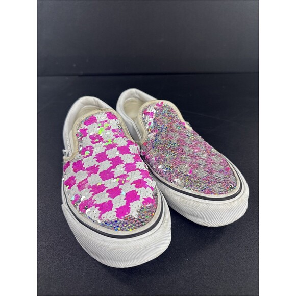 Women’s VANS Size 7 SEQUIN-FLIP:  Pink-White Checks to Sparkly Silver - Picture 1 of 12